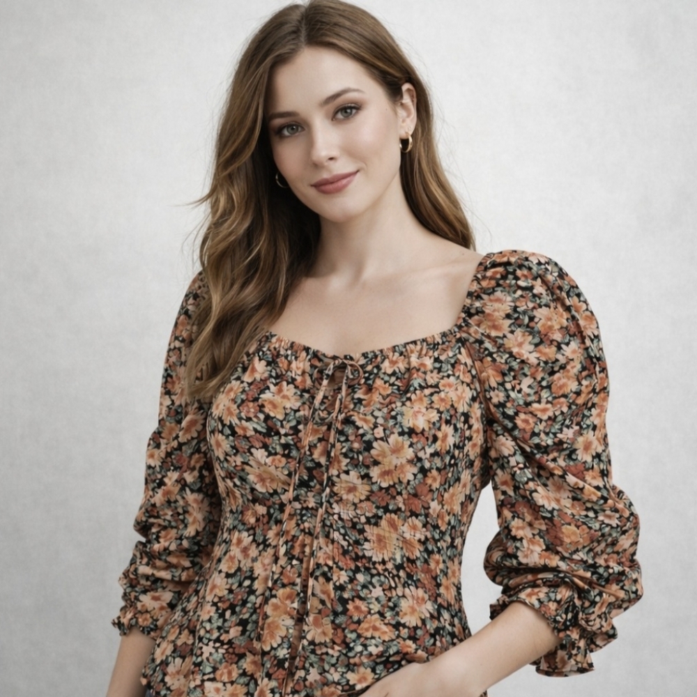 Blu Pepper Floral Peasant Top Boho Cottagecore Square Neck Tie Front M